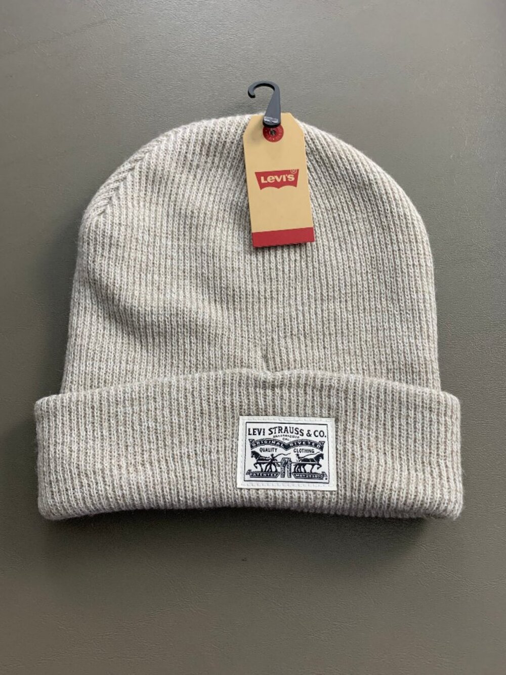 Levi's Men's Logo Ribbed Knit Cuffed Beanie Hat, Marl Khaki Beige, One Size